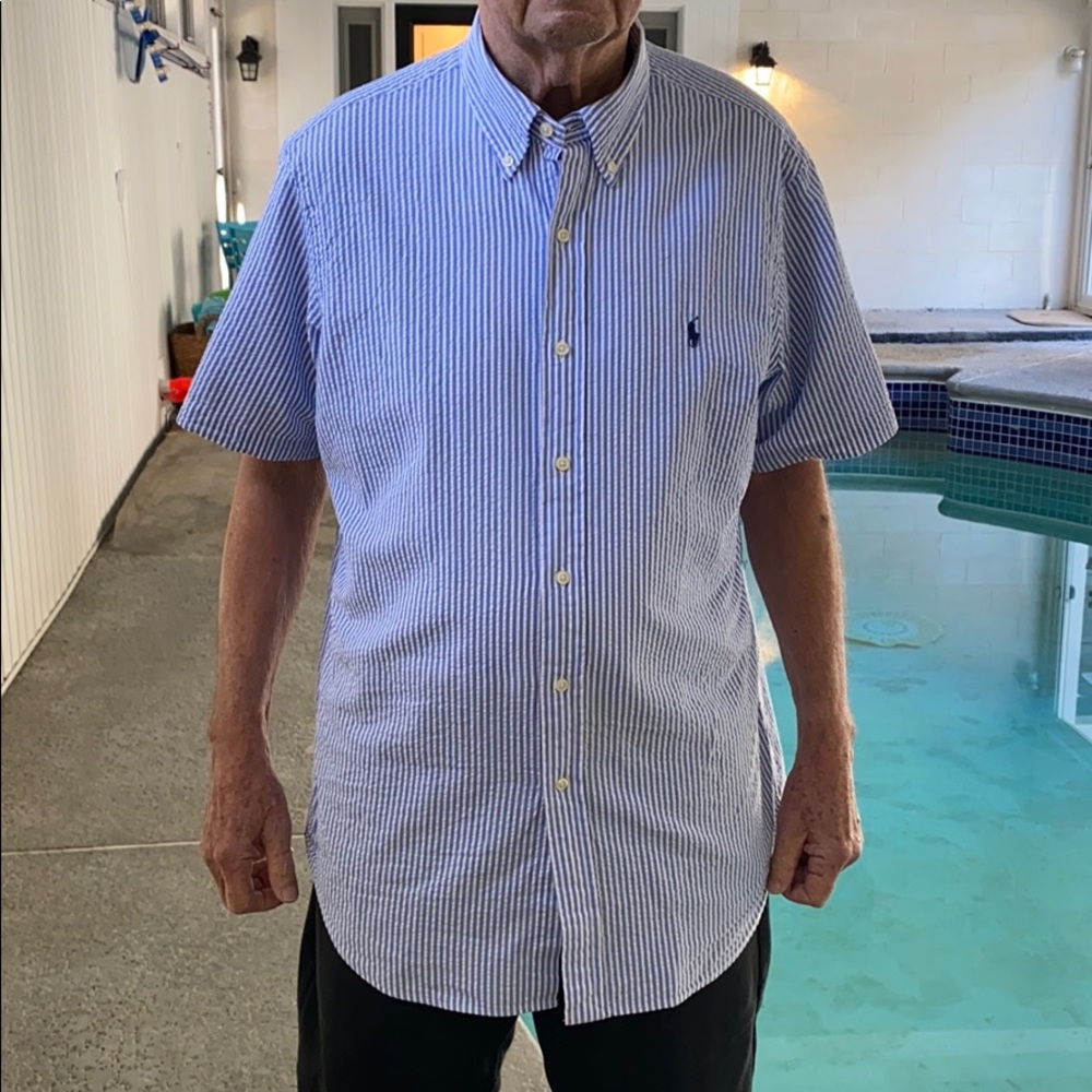 RALPH LAUREN blue & white sear sucker shirt